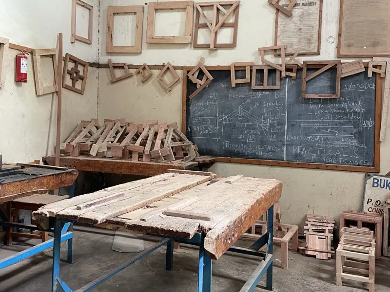 Woodwork projects in a trade school workshop